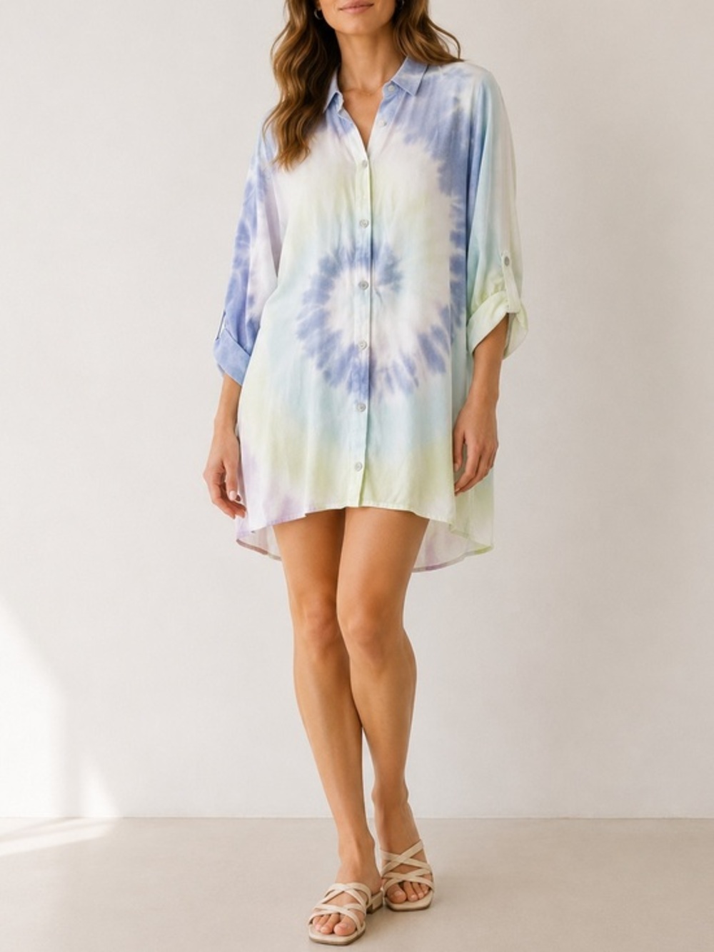 Electric & Rose Seaside Tie Dye Opal Lavender Glow Beach Shirt Dress Cover Up